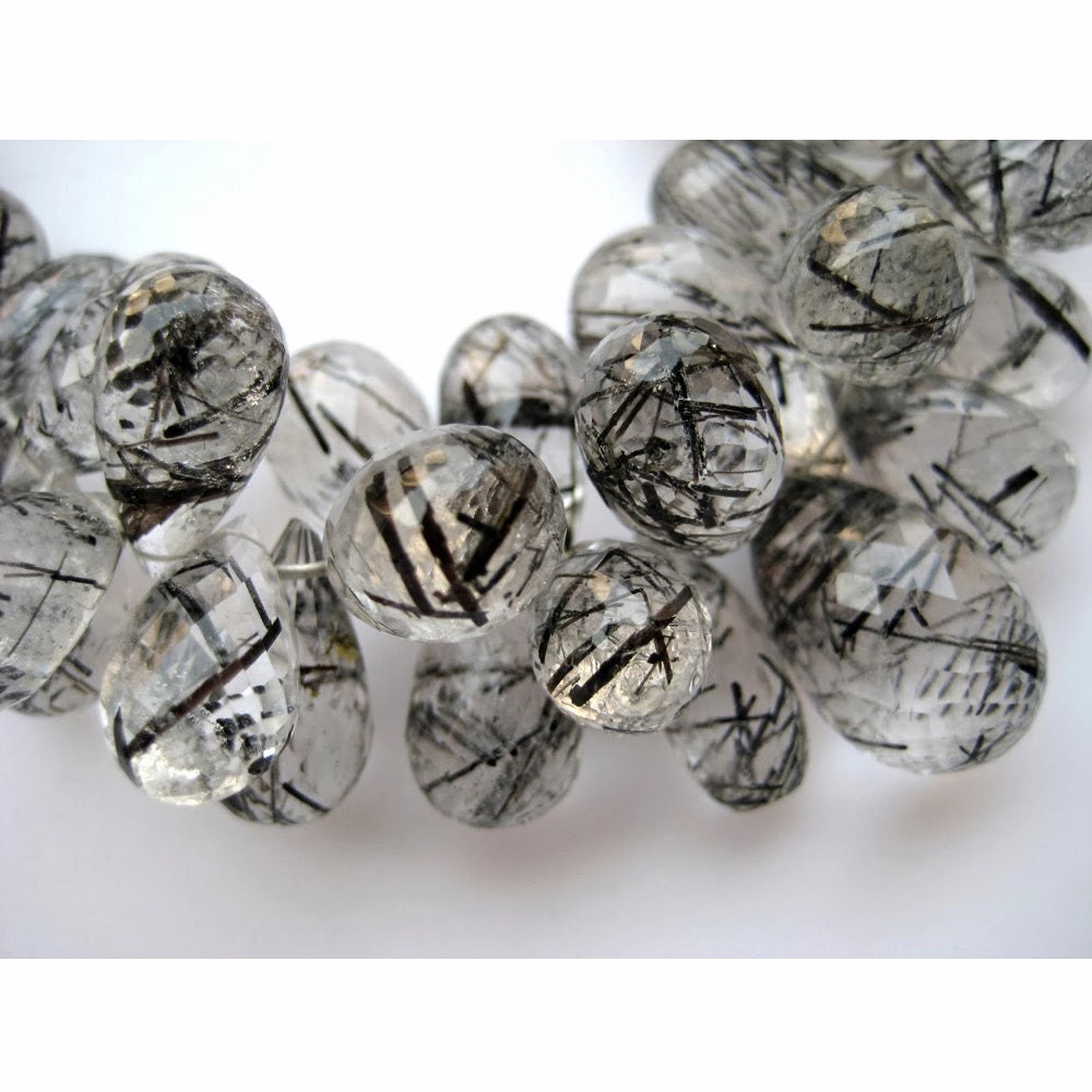 4x6mm-7x10mm Rutile Quartz Faceted Tear Drop Beads, Rutile Black Faceted Briolettes , Black Rutilated Quartz For Jewelry (4in To 8in Option)