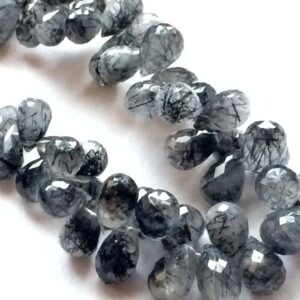 5x7mmTo 9x6mm Rutile Quartz Faceted Tear Drop Beads, Rutile Black Faceted Briolettes, Black Rutilated Quartz For Jewelry (2IN TO 4IN Option)