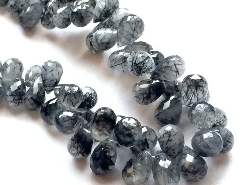 5x7mmto 9x6mm Rutile Quartz Faceted Tear Drop Beads, Rutile Black Faceted Briolettes, Black Rutilated Quartz For Jewelry (2in To 4in Option)
