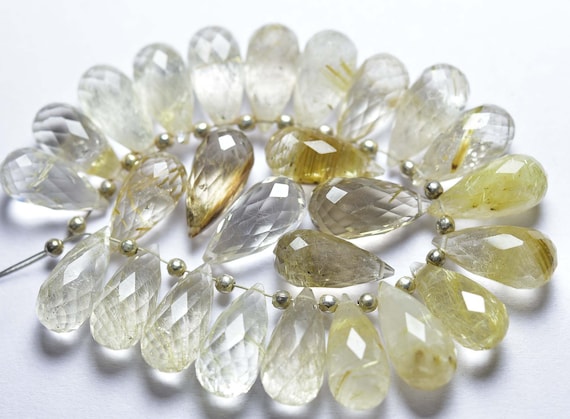 6 Pcs - Beautiful Natural Faceted Golden Rutile Quartz Side Drilled Tear Drops Briolettes - Size Is 7x15 Mm #1876