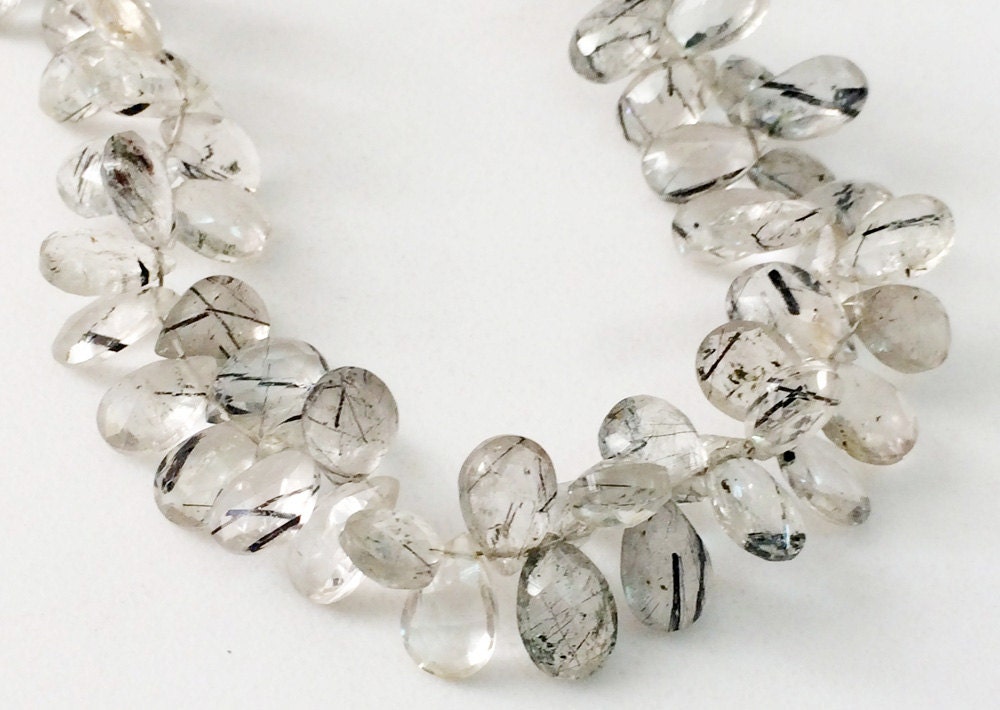 7x10mm - 7.5x12mm Black Rutilated Quartz Faceted Pear Beads, Rutile Quartz Briolettes, 4 Inch Black Rutile Quartz Faceted Pear For Jewelry