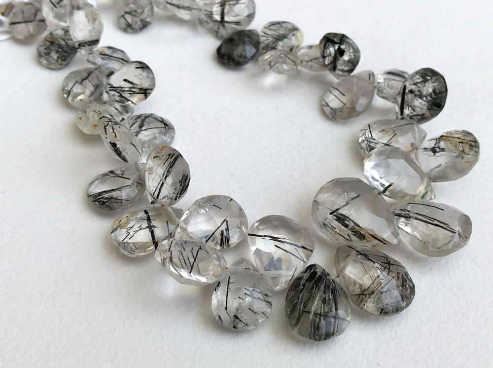7x9mm- 13x15mm Black Rutilated Quartz Faceted Pear Beads, Rutile Quartz Briolettes, 4 Inch Black Rutile Quartz Faceted Pear For Jewelry
