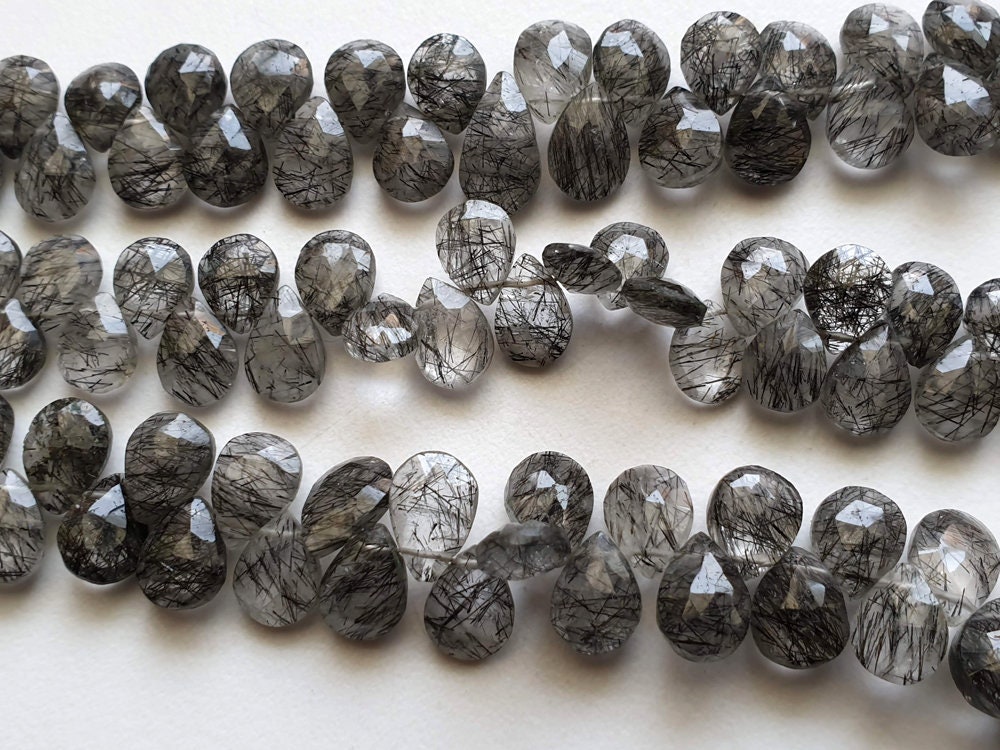 8x10mm Black Rutile Quartz Faceted Pear Beads, Rutiliated Quartz Beads, Faceted Pear Beads For Jewelry (4in To 8in Options) - Aag50
