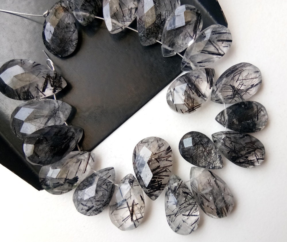 8x12mm - 10x14mm Black Rutile Quartz Faceted Pear Beads, Rutiliated Quartz Beads, Faceted Pear Beads For Jewelry, 4.5 Inches, 20 Pcs- Pdg241