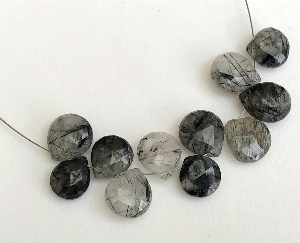 9-11mm Black Rutilated Quartz Faceted Heart Beads, Rutile Quartz Briolettes, 12 Piece Black Rutile Quartz Faceted Heart For Jewelry - Ks3545