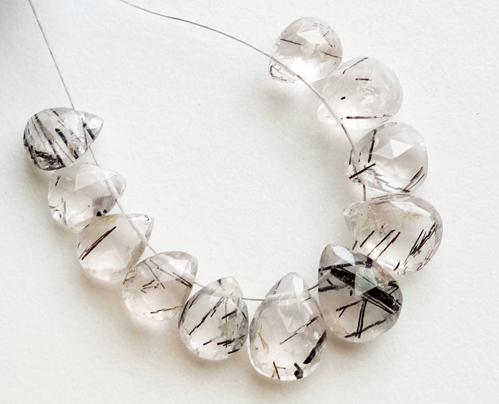 9x12mm - 12x16mm Rutile Quartz Beads, Black Needles Rutile Briolettes, Faceted Pear Rutile Quartz, Rutile With Black Needles 10pcs  - Ks3735
