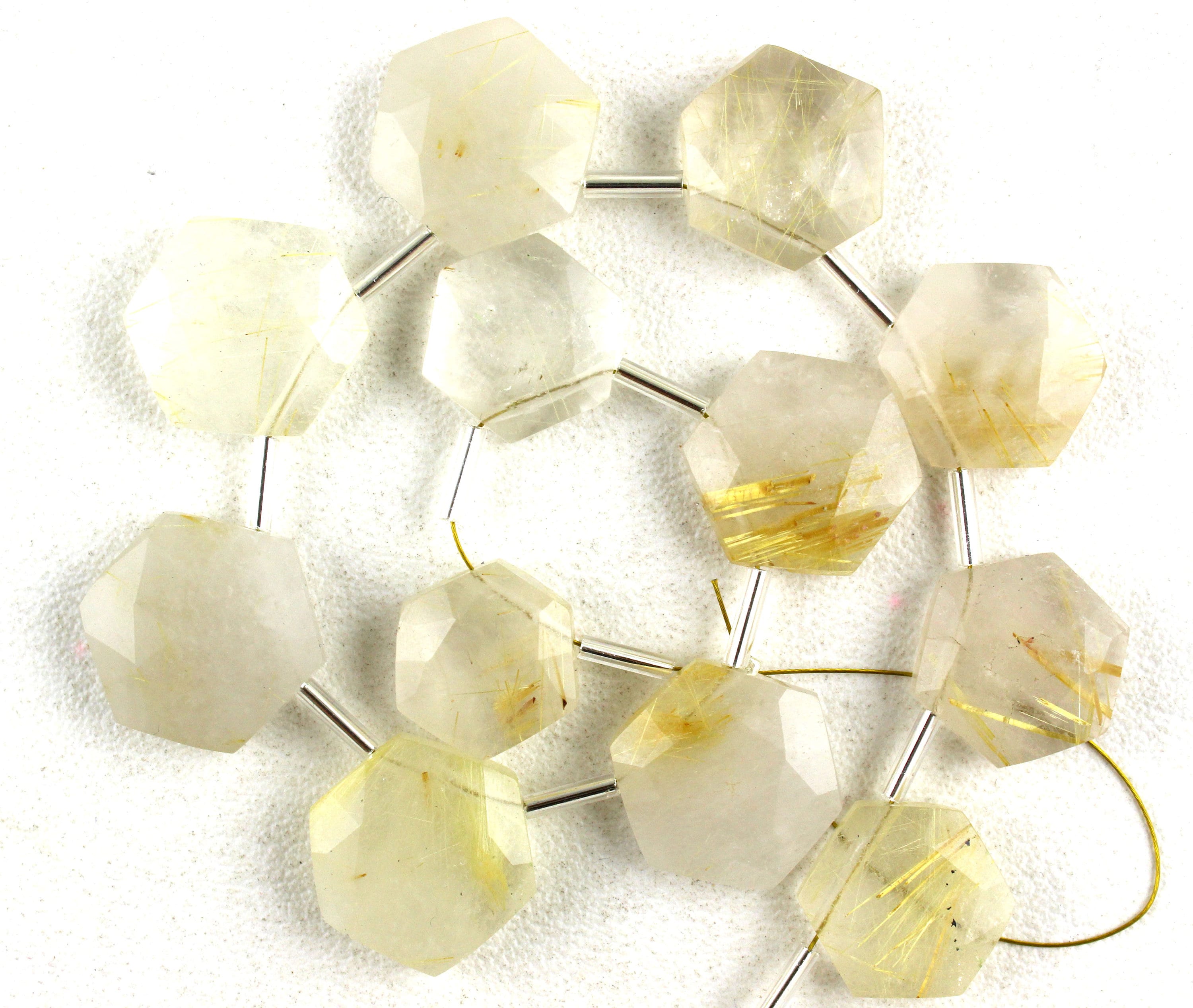 Aaa Golden Rutile Quartz Beads: 12 Faceted Hexagon Briolettes (13-16mm)