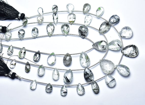 Beautiful Black Rutile Pear Beads - 7 Inches - Natural Faceted Black Rutile Quartz Pear Briolettes - Size Is 6x8- 8x14mm #2270