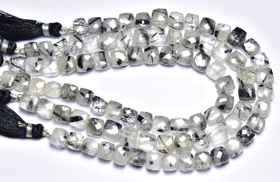 Beautiful Black Rutile Quartz Cube Beads - 8 Inches - Natural Beautiful Black Rutile Quartz Faceted Box Cubes Beads - Size Is 7-8.5 Mm #299 Beautiful Black Rutile Quartz Cube Beads - 8 Inches - Natural Beautiful Black Rutile Quartz Faceted Box Cubes Beads - Size Is 7-8.5 Mm #299