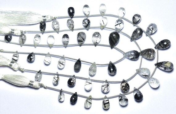 Black Rutile Teardrop Beads - 6 Inches - Natural Beautiful Faceted Black Rutile Quartz Teardrop Briolettes - Size Is 6x11 - 8x14 Mm #1825