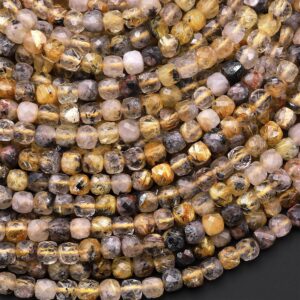Faceted Natural Titanium Golden Rutile Quartz 4mm Cube Beads 15.5" Strand