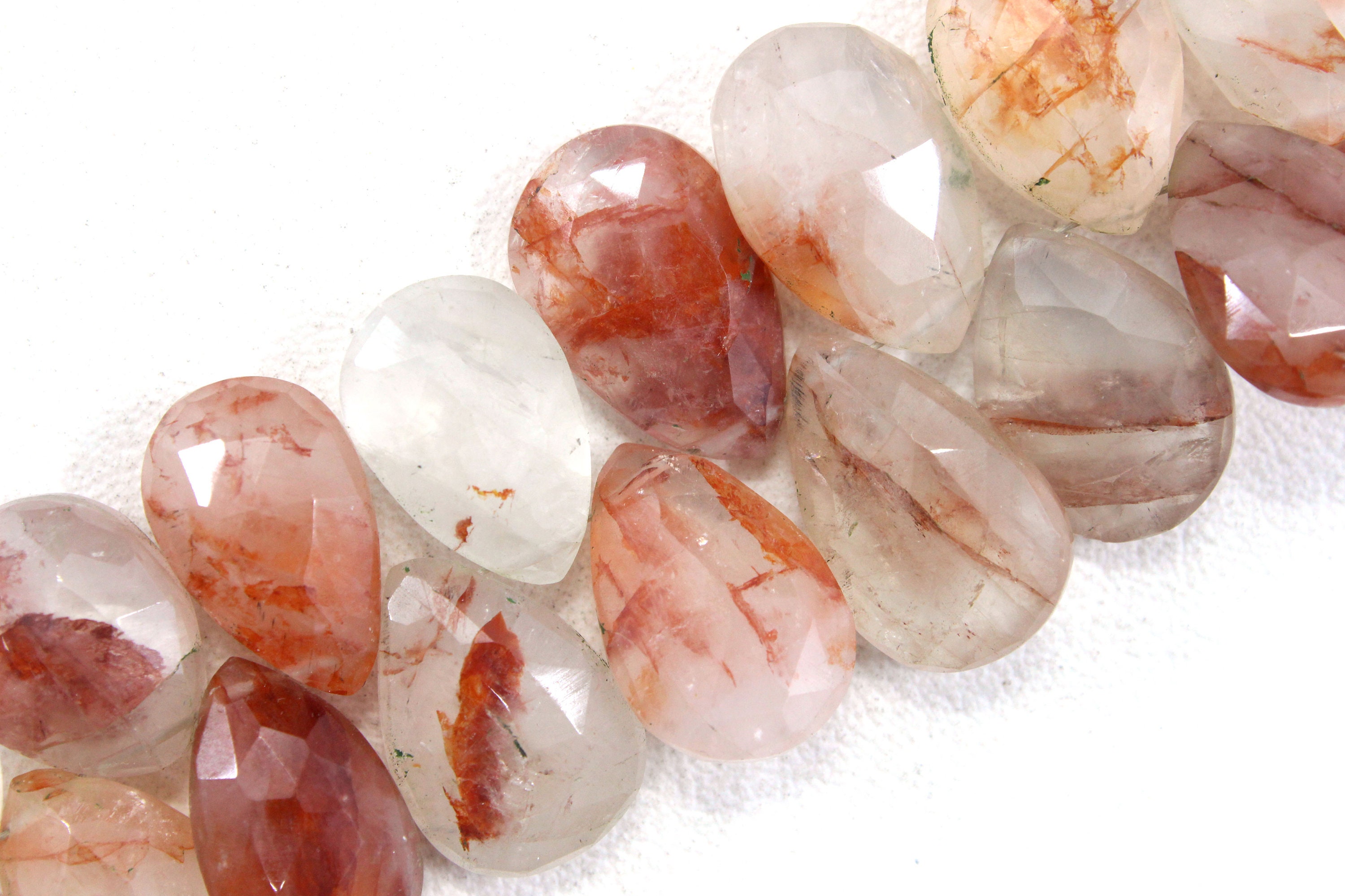 Faceted Pear Rutile Quartz Briolette Beads: 8" Strand, 10x15-12x16mm
