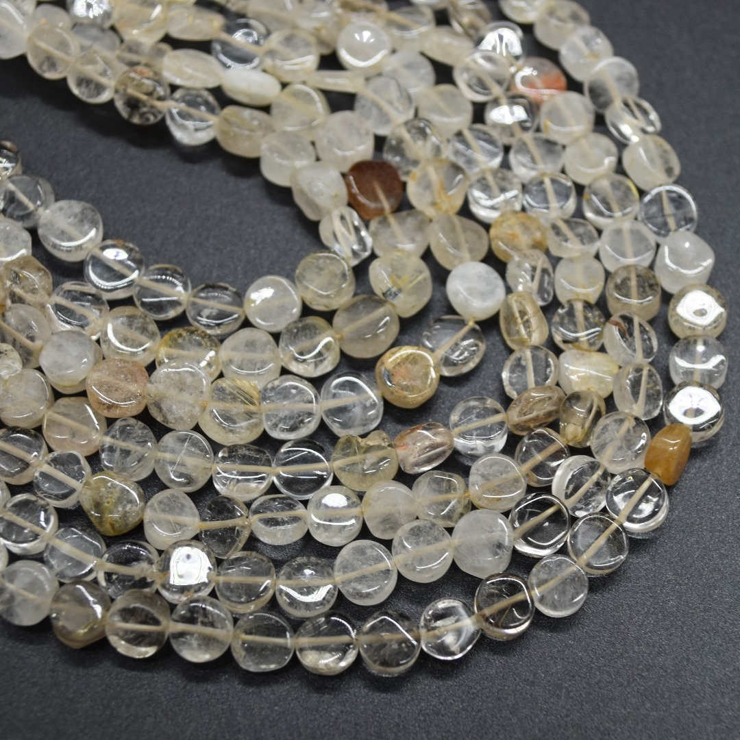 Rutilated Quartz Gemstone Irregular Disc Coin Beads - 6mm - 13" Strand