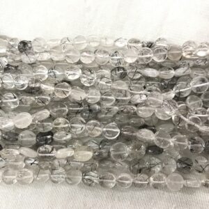 Genuine Black Rutilated Quartz 8mm - 12mm Flat Round Black Hair Quartz Grade AB Coin Beads 15 inch Jewelry Bracelet Necklace Material Supply