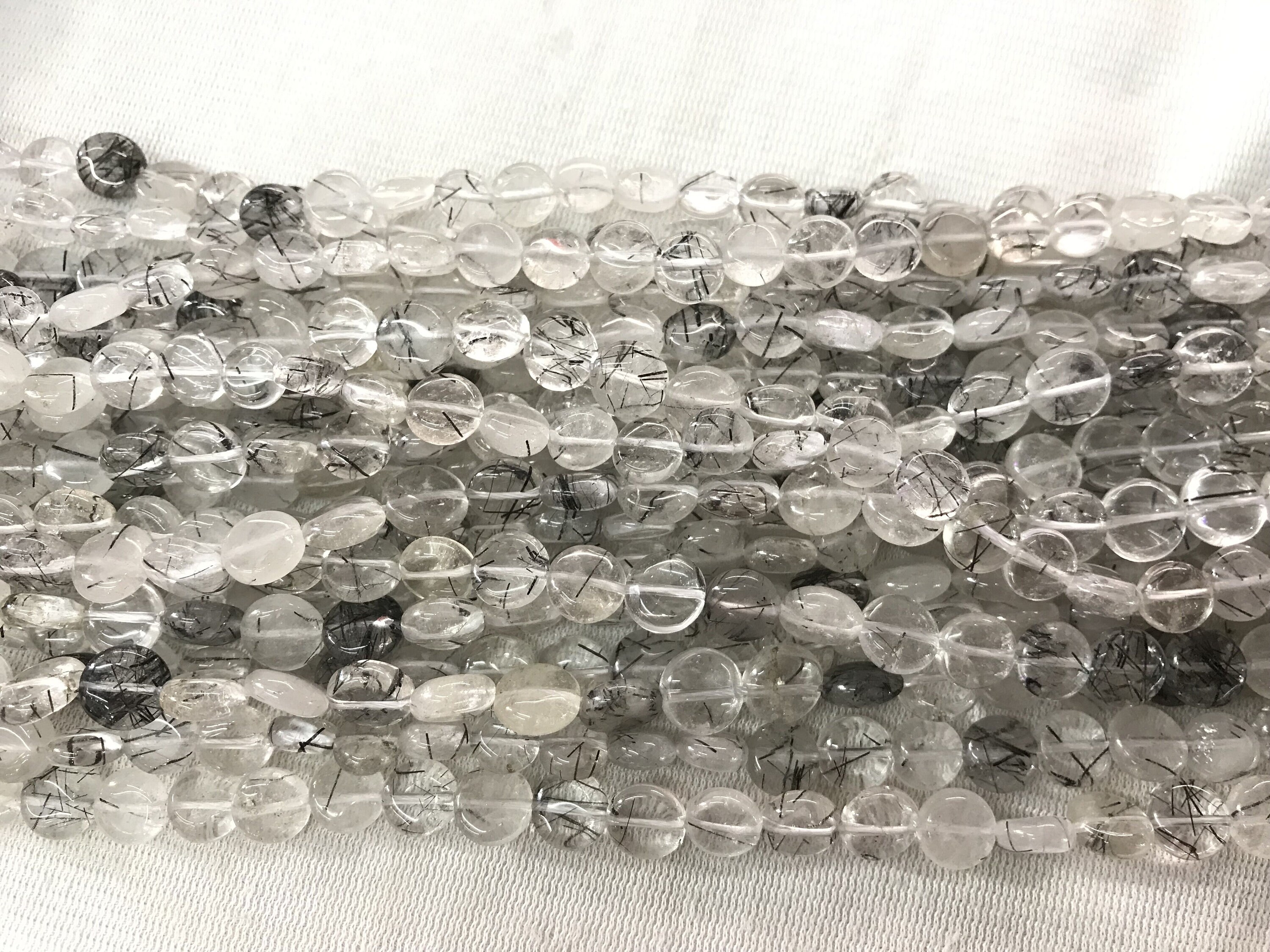 Genuine Black Rutilated Quartz 8mm - 12mm Flat Round Black Hair Quartz Grade Ab Coin Beads 15 Inch Jewelry Bracelet Necklace Material Supply