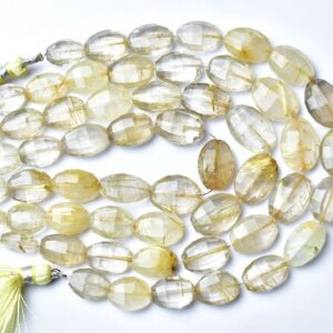 Golden Rutile Oval Beads  7 inches - Natural Faceted Golden Rutile Quartz Oval Briolettes - Size is 8x10- 10x14 mm #2247