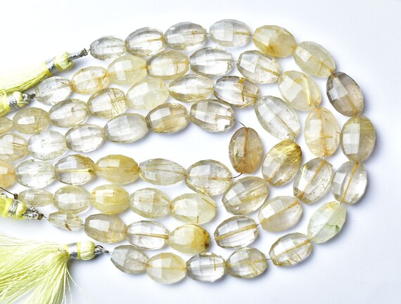 Golden Rutile Oval Beads 7 Inches - Natural Faceted Golden Rutile Quartz Oval Briolettes - Size Is 8x10- 10x14 Mm #2247