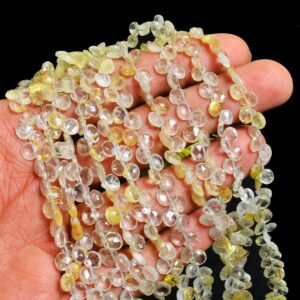 Golden Rutilated Quartz Briolette Beads , 5mm To 10mm Heart Briolette 8" Strand , Natural Semi Precious Gemstone Faceted Beads For Jewelry ,