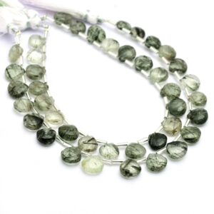 Green Rutilated Quartz 8mm Heart, Aaa+ Gemstone Faceted Briolette Beads, Natural Green Rutile Semi Precious Gemstone Beads , 8inch Strand