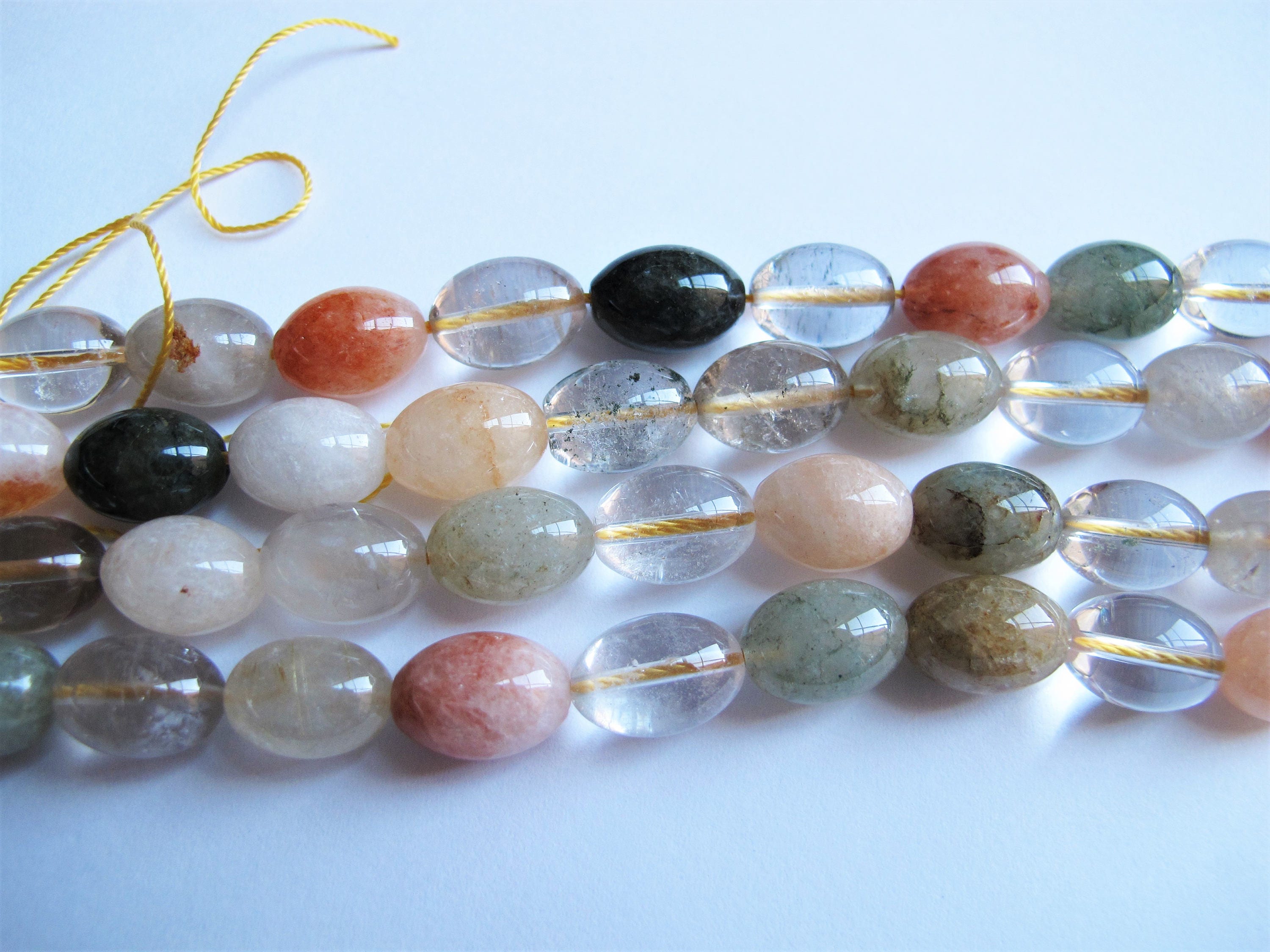Multi-color Rutilated Quartz Rice Beads 10x14mm. Natural Gemstone Beads. Half Strand 7.75''