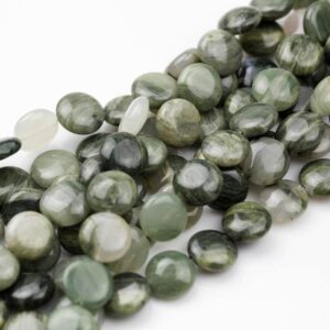 Natural 14mm Puffy Coin, Green Rutilated Quartz- Full 15.5 Inch Strand Gemstone Beads
