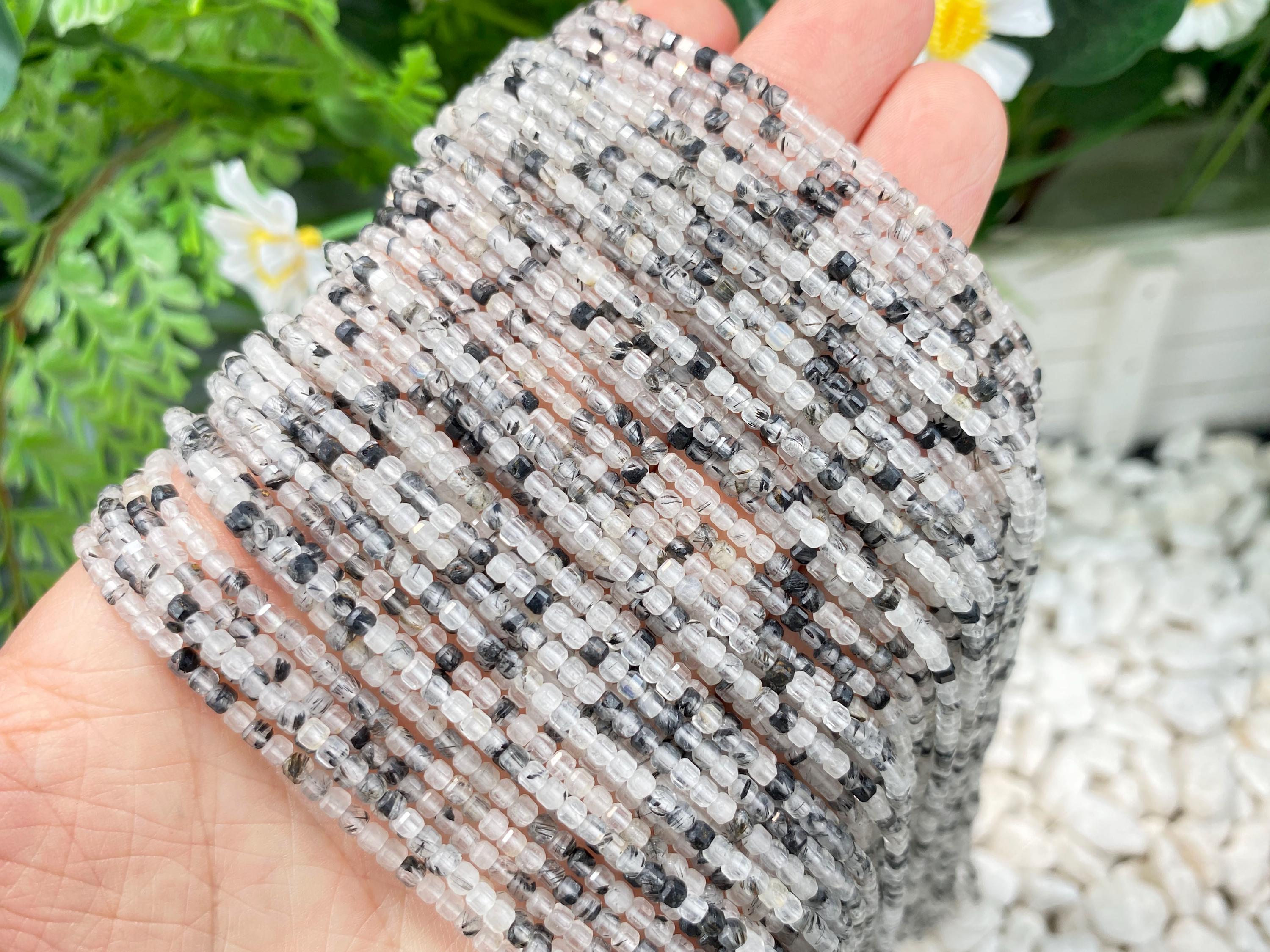 Natural 2mm Black Rutilated Quartz Faceted Square Beads, Crystals Loose Gemstone Semi Precious Stone For Jewelry / Neckalce / Gift Making Beads.