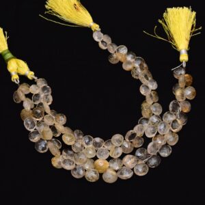 Natural Gold Rutilated Quartz 8mm-10mm Heart Faceted Briolette Beads , 8" Strand , Golden Rutile Semi Precious Gemstone Beads For Jewelry