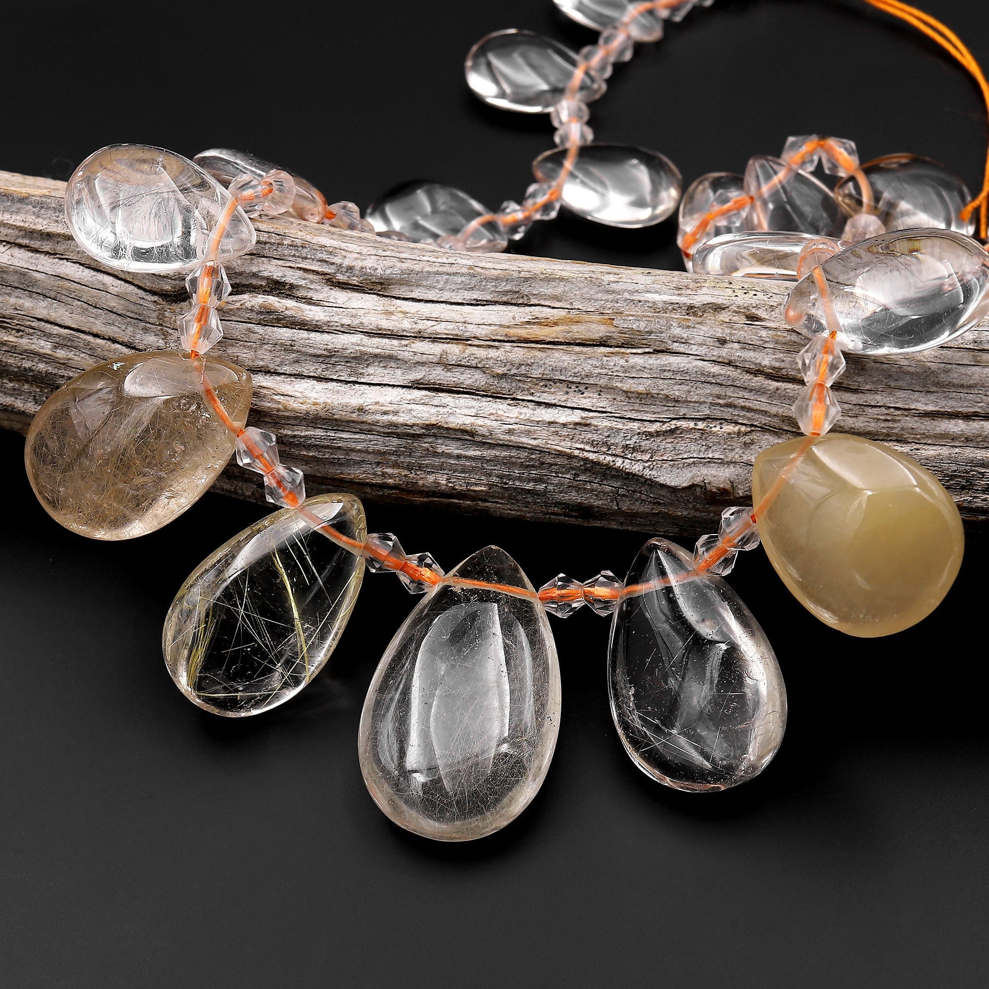 Super Clear Natural Phantom Rutile Quartz Teardrop Beads Side Drilled Pendants 15.5" Strand