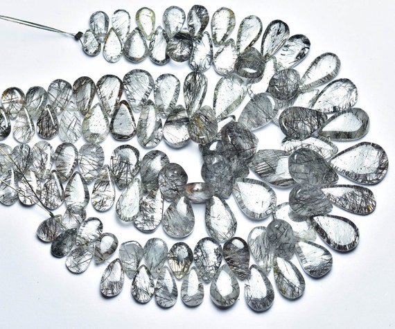 Superb Rare Black Rutile Briolette Beads - 7 Inches - Natural Smooth Black Ceylon Rutile Quartz Pear Briolettes - Size Is 5x7- 9x15mm #2130
