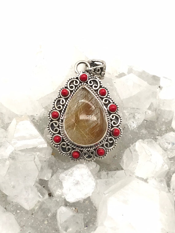 Rutilated Quartz And Red Coral Pendant