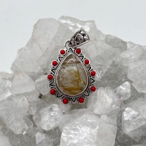 Rutilated Quartz and Red Coral Pendant