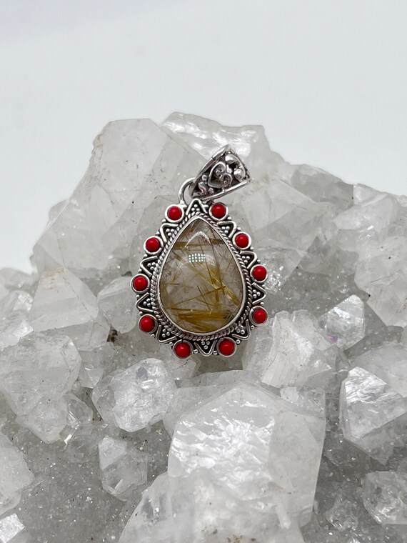 Rutilated Quartz And Red Coral Pendant