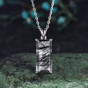 Baguette cut black rutilated quartz necklace solid 14k 18k white gold Solitaire Pendant women anniversary gift mother