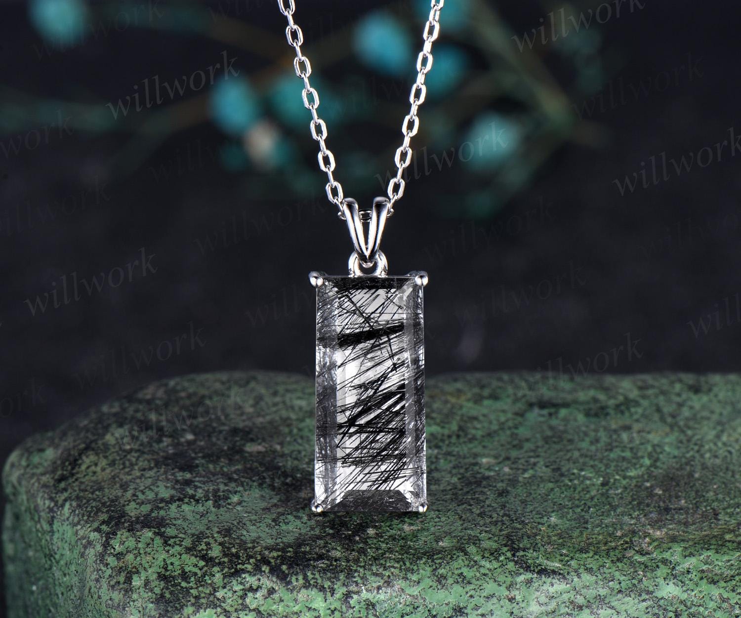 Baguette Cut Black Rutilated Quartz Necklace Solid 14k 18k White Gold Solitaire Pendant Women Anniversary Gift Mother Baguette Cut Black Rutilated Quartz Necklace Solid 14k 18k White Gold Solitaire Pendant Women Anniversary Gift Mother