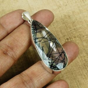 Black Rutilated Quartz Pendant: 925 Sterling Silver Pear Gemstone