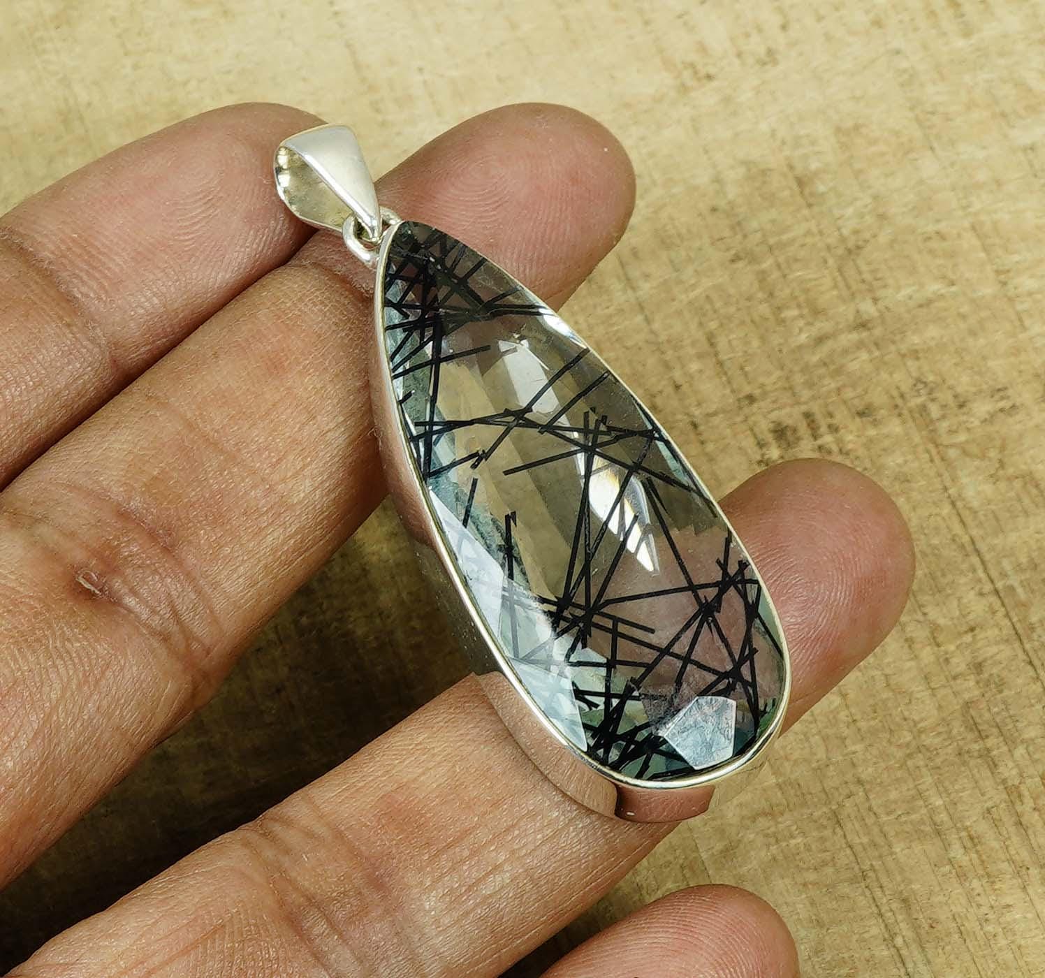 Black Rutilated Quartz Pendant: 925 Sterling Silver Pear Gemstone