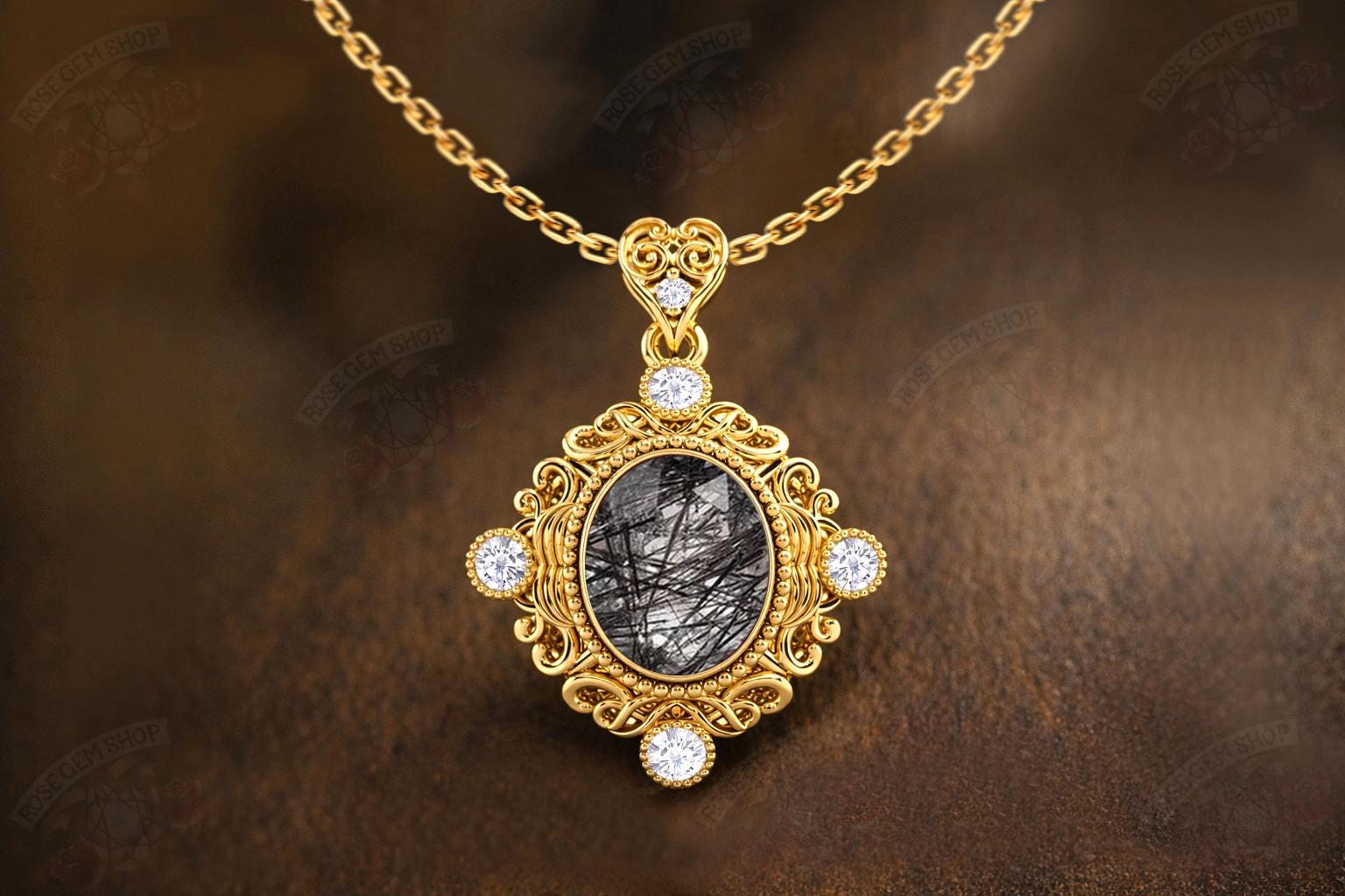 Black Rutilated Quartz Necklace For Women  925 Silver Rutile Quartz Statement Pendant Art Deco Filigree Pendant Vintage Style Quartz Pendant