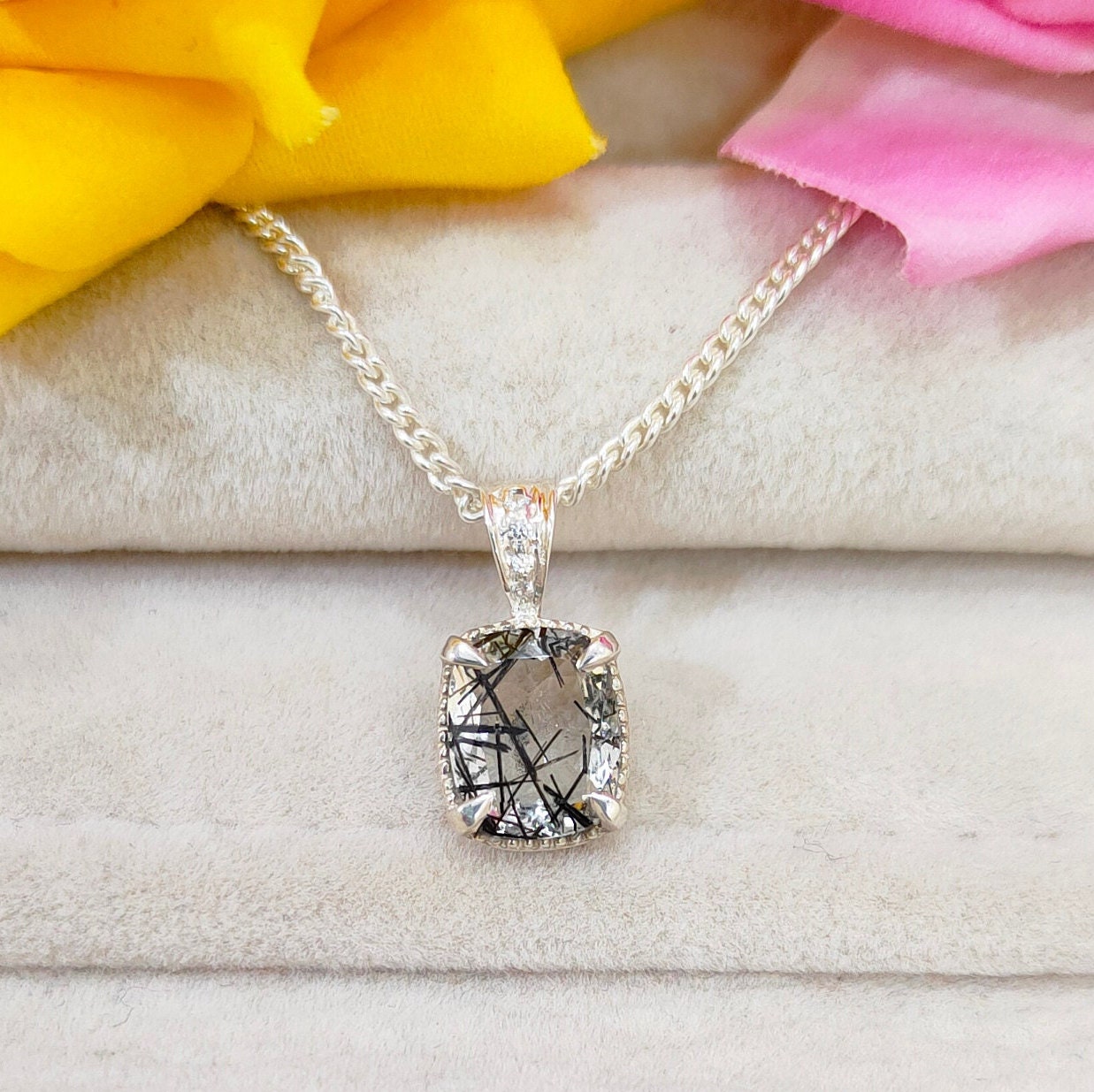 Black Rutile Pendant, 925 Sterling Silver Necklace Cushion Black Rutile Pendant Black Rutile Quartz Pendant With Chain Natural Black Rutile