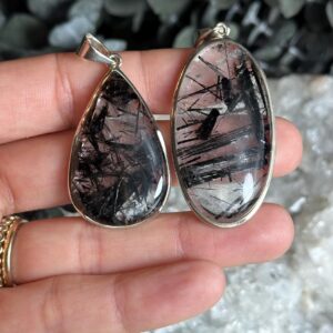 Black Rutile Quartz Pendant Necklace: Sterling Silver, 18" Chain