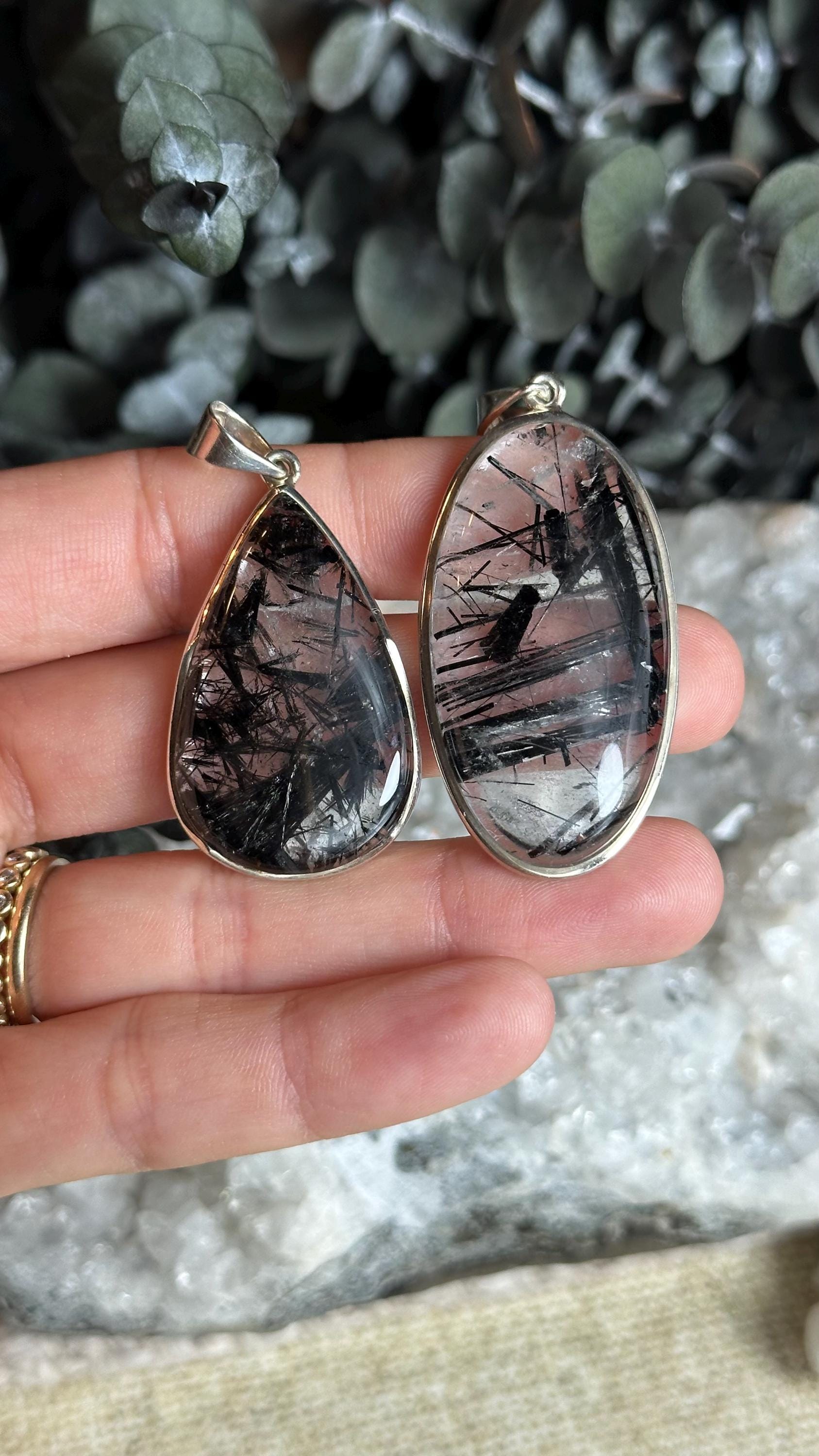 Black Rutile Quartz Pendant Necklace: Sterling Silver, 18" Chain