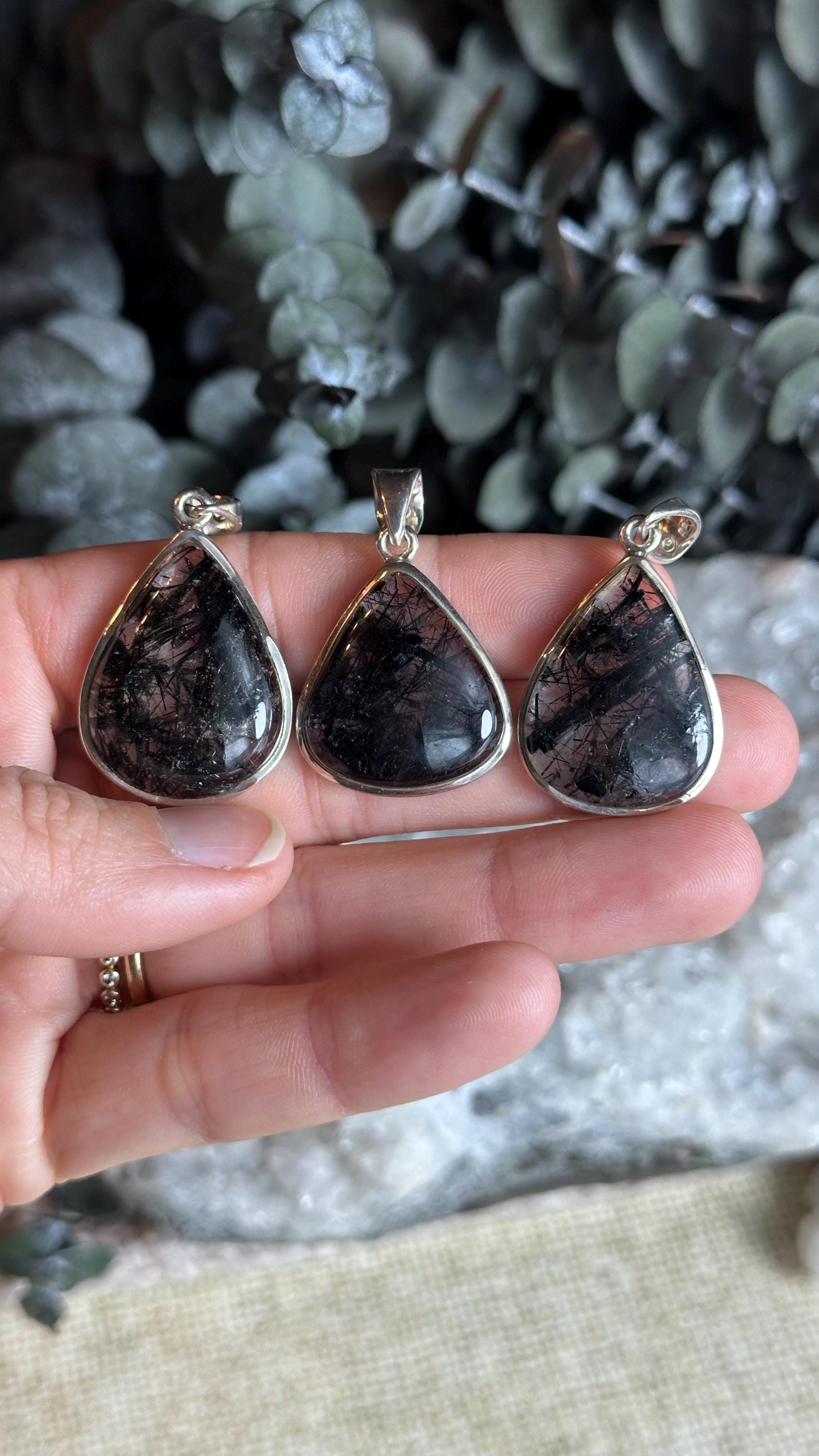 Black Rutile Quartz Pendant Necklace: .925 Sterling Silver