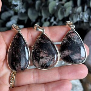 Black Rutile Quartz Pendant Necklace: Sterling Silver Crystal
