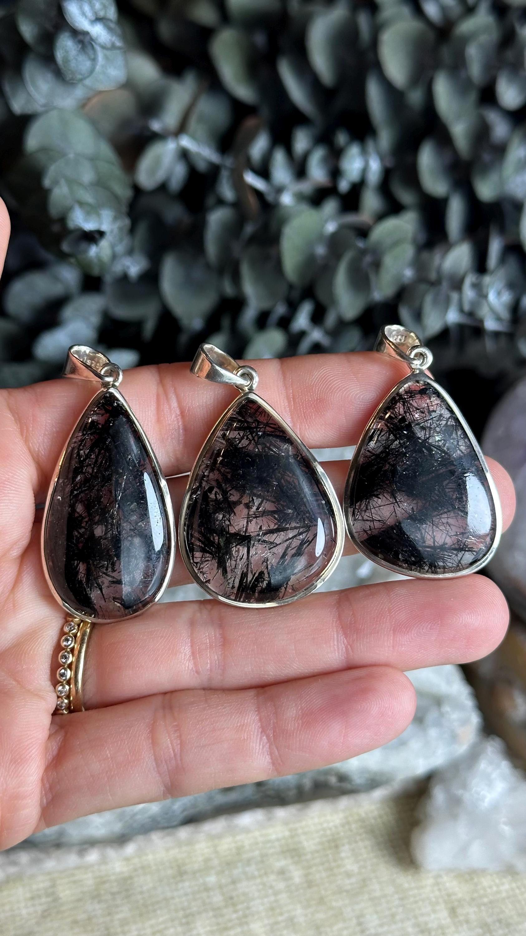 Black Rutile Quartz Pendant Necklace: Sterling Silver Crystal