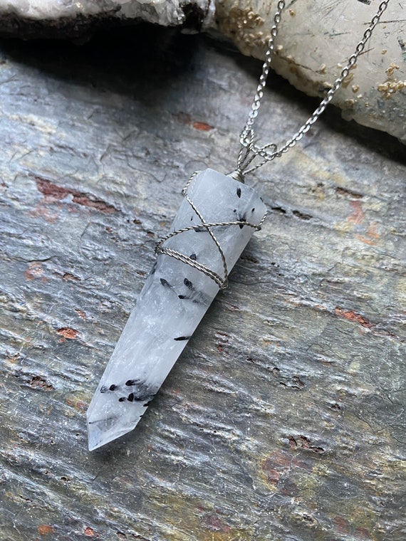 Black Rutile Quartz Crystal Point Pendant -  Stainless Steel Wire Wrapped Pendant