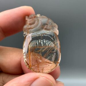 Copper Rutilated Quartz PiXiu Carving: Fortune Pendant