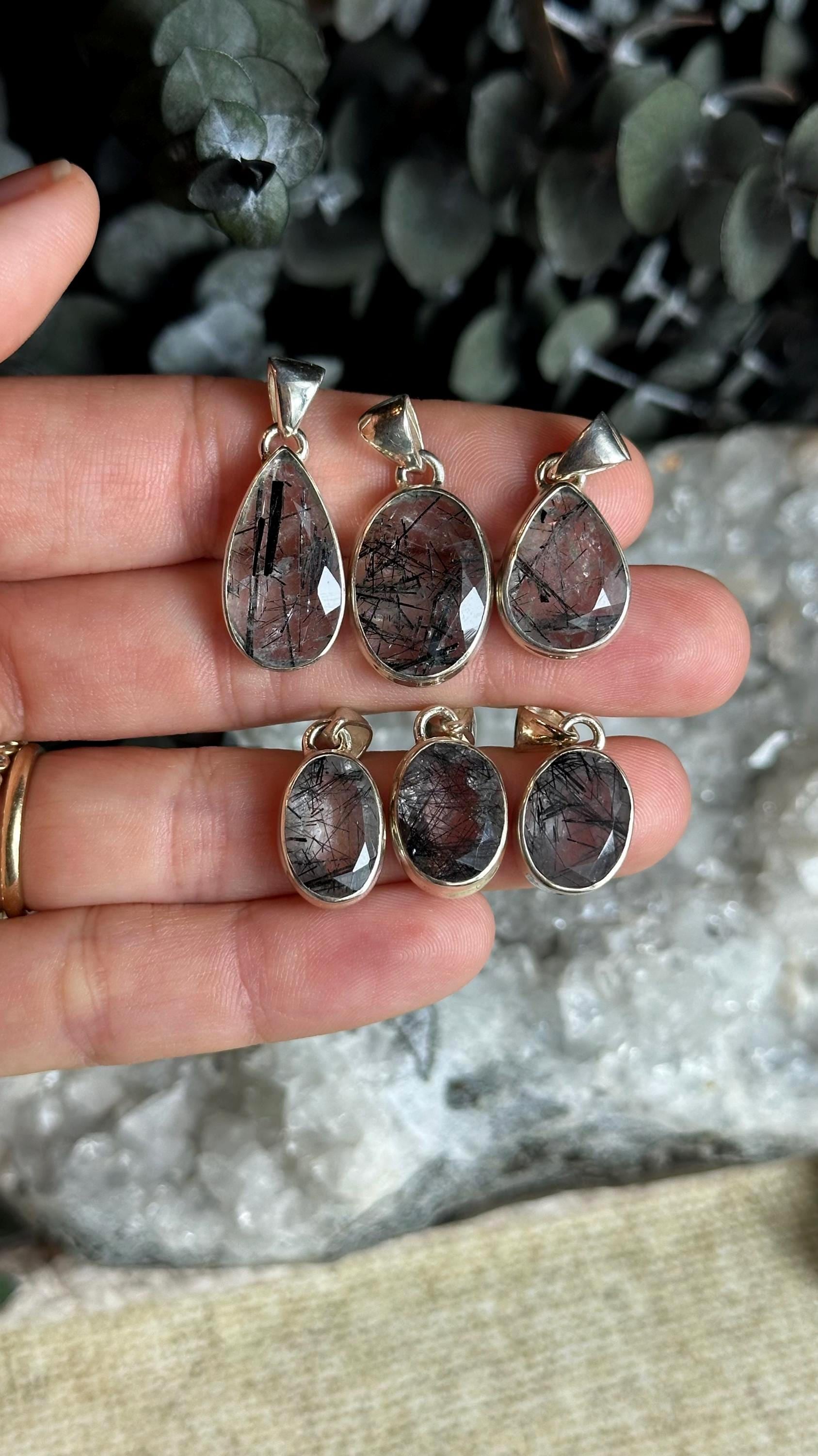 Faceted Black Rutile Quartz Pendant: .925 Sterling Silver Crystal Necklace