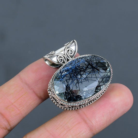 Faceted Black Rutile Quartz Pendant: Handmade 925 Sterling Silver
