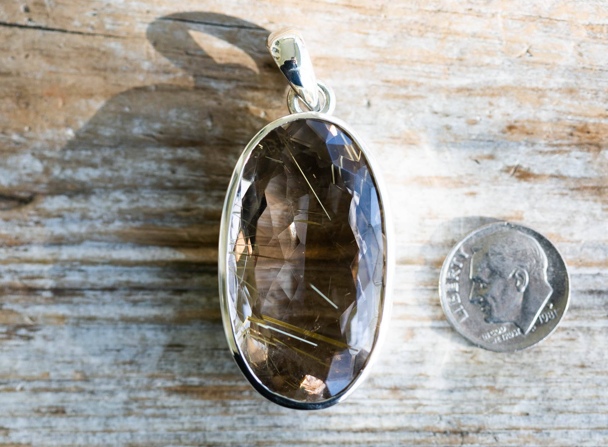 Golden Rutilated Quartz Pendant - 925 Sterling Silver - Large Stone