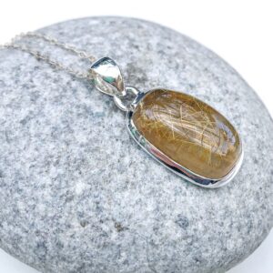 Golden Rutilated Quartz pendant, Rectangular Sterling silver pendant, Thoughts amplifier crystal, Natural Rutile, Golden needles quartz