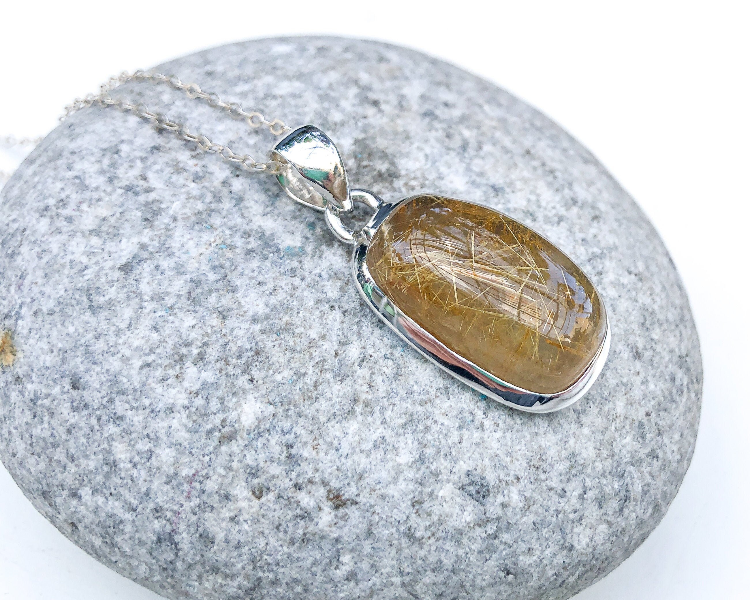 Golden Rutilated Quartz Pendant, Rectangular Sterling Silver Pendant, Thoughts Amplifier Crystal, Natural Rutile, Golden Needles Quartz